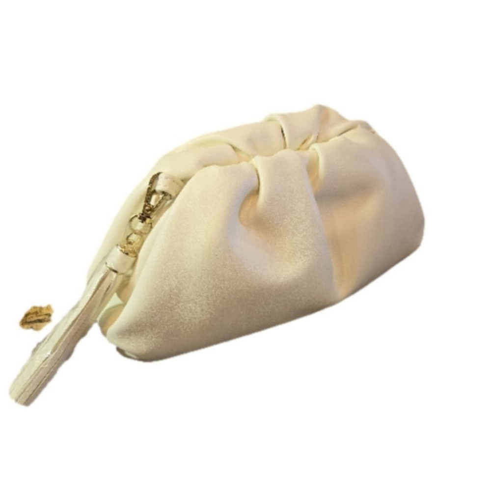 Understated Leather Off White Cream Clutch 9x5x2 Gold Shoulder Chain Strap (2)